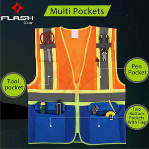 Chaleco de Trabajo Reflectante de Alta Visibilidad, Impermeable, con Múltiples Bolsillos, ANSI Clase 1, para Hombre, con Logotipo Personalizado (Poliéster/Algodón) - Product Image 3