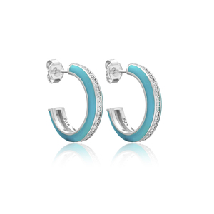 Boucles d'oreilles clous rondes en émail turquoise et zircon, design turc fait main, bijoux en argent sterling 925, vente en gros - Product Image 1