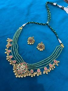 TISHYA DIAMOND Ethnic Gold Plated Alloy Wedding Necklace Earrings Set Green Beads Brilliant Cut Moissanite Trendy Women Jewelry - Product Image 4