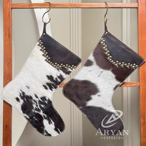 2025 New Cowhide Leather with Studs Christmas Stocking for Family Christmas <b>Tree</b> Fireplace Hanging and Party Decoration Gift <b>Bag</b> - Product Image 1