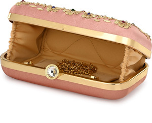 Bolso de mano bordado rosa de diseñador indio, monedero con flores doradas, cadena personalizable, bolso de noche OEM para mujer para bodas - Product Image 4