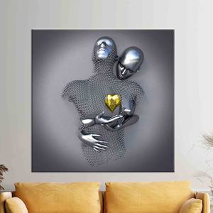 Art mural en verre moderne : Couple enlacé argenté, toile imprimée cœur doré, toile encadrée - Product Image 1