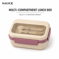 Boîte à lunch en paille de blé avec couvercle transparent, clips latéraux, compartiments séparés, récipient bento réutilisable pour le bureau, l'école, les pique-niques