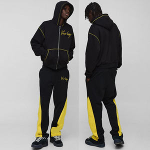 Ensemble de survêtement pour homme noir et jaune avec coutures contrastées sur les côtés, veste à capuche entièrement zippée et pantalon de jogging à jambe droite, vêtements de sport - Product Image 3