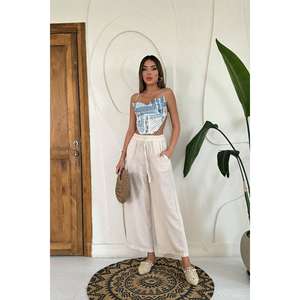 Pantalones anchos de lino beige al por mayor con cintura alta y característica transpirable - Product Image 4