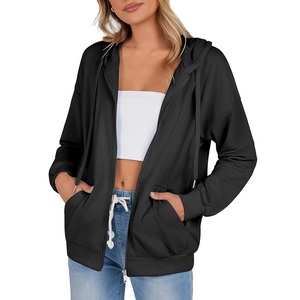 Precio al por mayor de las mujeres 100% de algodón de manga larga cuello redondo hombro pendiente Color sólido cómodo Casual Zip Hoodie mejor precio - Product Image 2