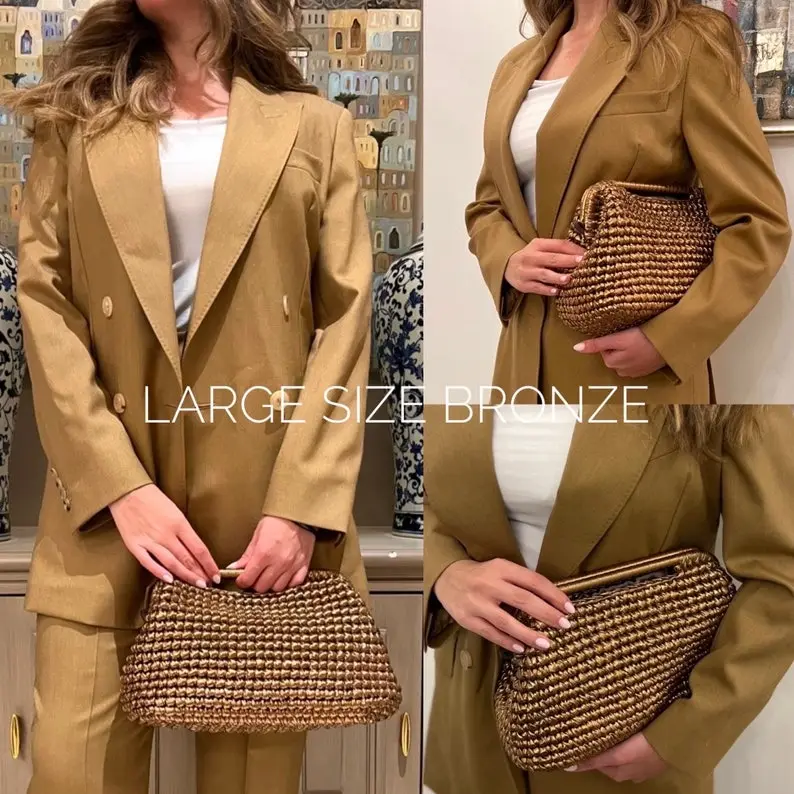 Bolsa de rafia metálica tejida en oro plateado brillante, bolso de mano con asa, bolso de mano para dama de honor de boda, cuero vegano de noche