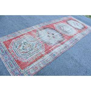 4.3x11.3 ft Vintage Turkish Rug, <b>Runner</b> Rug, <b>Red</b> Blue Southwestern Wool Rug - Product Image 2