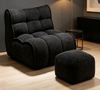 Fauteuil d'appoint moderne et minimaliste en peluche noire avec repose-pieds, dossier rembourré doux, forme en L, ergonomique, pour lecture et salon
