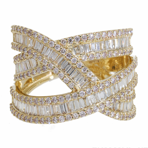 แหวนครอสโอเวอร์ประดับเพชรธรรมชาติสีทองคำขาว14K มีเพชรกลมและบาแกตต์ในการตั้งค่าแบบหลายแถวและช่อง - Product Image 4