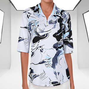 Polo imprimé à manches trois quarts pour femme, séchage rapide, style décontracté, motif blanc, bleu, noir, en polyester tissé - Product Image 6