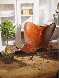 Silla Butterfly de Cuero Genuino, Silla Retro con Estructura Metálica y Asiento Colgante - Product Image 1