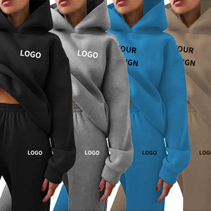 Funky Kitted logotipo bordado personalizado manga larga poliéster alta calidad señoras chándales sudaderas con capucha conjunto deportivo de dos piezas - Product Image 1