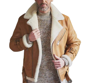Chaqueta de Motero para Hombre de Cuero Genuino Marrón con Forro de Piel Sintética, Cierre de Cremallera, Estilo Moto, Abrigo Grueso y Cálido para Invierno - Product Image 1