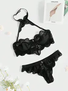 Penjualan laris pakaian dalam seksi hitam wanita Set Lingerie Underwire renda bunga