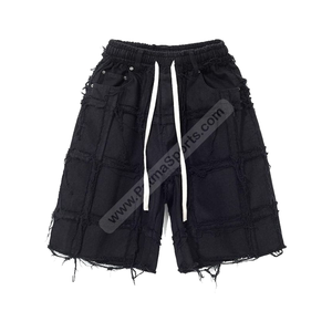 Custom Distressed Sweat Shorts Stylish Comfortable Distressed Cotton Shorts Embroidery Silver <b>Rivets</b> Rhinestone by Patmasports - Product Image 1