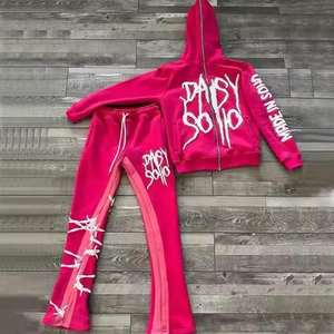 Puff Printing 2 piezas de algodón de gran tamaño Chándales Zip up Hoodies y pantalones de chándal acampanados Stacked Jogger Sets para hombres - Product Image 5