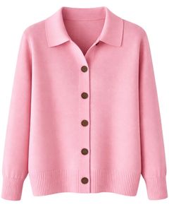 Women Pink Button Front Knit Cardigan Sweater Long Sleeve Soft Casual <b>Winter</b> <b>Top</b> With Polo Collar For Ladies Fashion Wear - Product Image 1