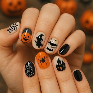 HYC-DY-607 Faux Ongles Réutilisables à Couverture Complète Effet Lumineux Halloween (Araignée, Citrouille, Chauve-souris, Château) 24 Pièces - Product Image 1