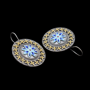 สีฟ้าทรงกลมห่วงต่างหูภาพวาดมือออกแบบ pottary ต่างหูทองเหลืองชุบทองเครื่องประดับห้อยสำหรับผู้หญิง - Product Image 2