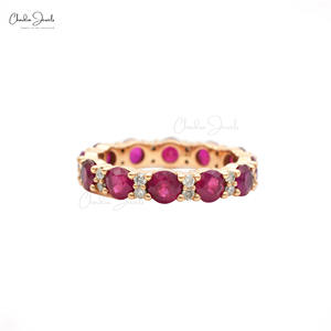 Envío Hoy, Anillo Apilable de Oro Rosa Real de 14k con Diamantes, Anillo de Boda con Gema de Rubí de Corte Redondo de 4mm, Piedra de Nacimiento de Julio, Joyería para Mujer - Product Image 1