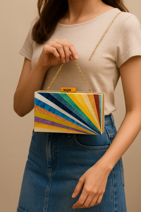 Pochette de soirée de luxe faite à la main en bois et résine, durable et écologique, avec incrustation géométrique, sac à bandoulière avec chaîne, logo personnalisé - Product Image 2