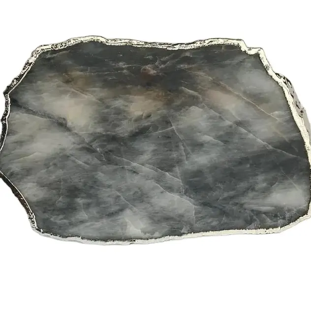 Planche à découper en pierre d'agate grise naturelle avec bloc de coupe plaqué argent pour la maison Hôtel Restaurant Ustensiles de cuisine Planche de service