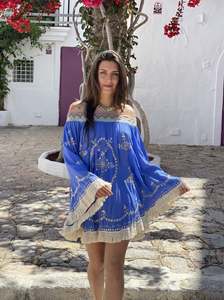 ชุดเดรสผ้าฝ้ายแขนยาวปักลายมัสตาร์ดสีเหลืองเป็นมิตรกับสิ่งแวดล้อมชุดเดรสชายหาดแขนยาวสไตล์ Boho สำหรับผู้หญิงผ่าข้างแบบเซ็กซี่ - Product Image 3