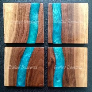 Dessous de verre sans rivière en résine époxy en bois de manguier les plus vendus avec ensemble de supports Sous-verres gratuits Tapis et tampons de boissons - Product Image 3