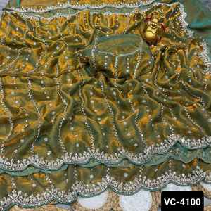 Mariage indien et vêtements de fête Collections de soie pure espace doux avec broderie lourde et travail de séquence Blouse Saree à bas prix - Product Image 4