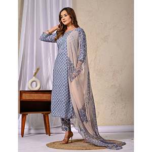 Grey Cotton Kurta Pant Set with Butti Block Printed Ethnic <b>Bandanas</b> - Product Image 6