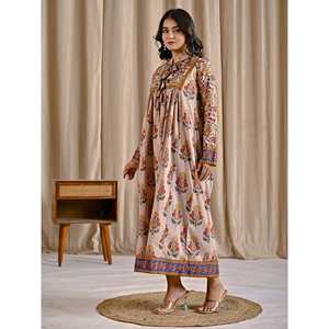 Vestido Corto Casual Elegante de Algodón Beige Amarillo Estampado con Borlas Delanteras, Transpirable, ODM, para el Día, Fiestas y Club - Product Image 5