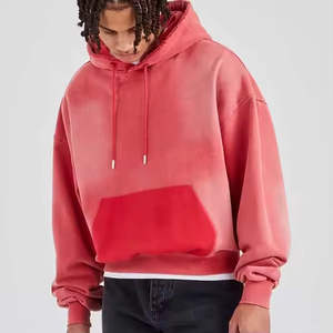 Sudaderas con capucha holgadas de algodón de rizo de 500Gsm para hombre al por mayor personalizadas, ropa informal roja lavada desgastada con cordón ajustable para invierno - Product Image 4