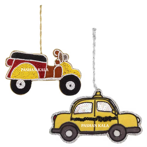 Unique Design Yellow Color Scooter And <b>Car</b> Shape Zari Embroidery With Beaded Work For Christmas Tree Decorative Hanging <b>Ornament</b> - Product Image 1