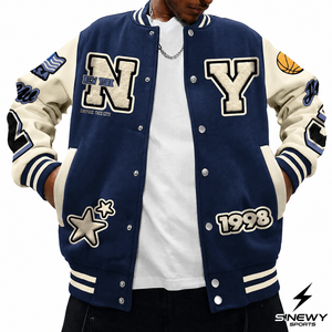 SINEWY SPORTS <b>Men's</b> Navy Blue Varsity <b>Jacket</b> Embroidered NY Letter Patch Design Preppy Style <b>Baseball</b> <b>Jacket</b> Autumn Wear - Product Image 1