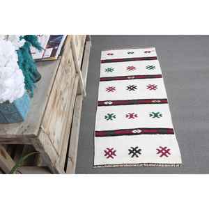 Alfombra Pequeña Vintage de 1.8x4.2 pies, Alfombra Turca Kilim de Lana con Rayas Blancas - Product Image 3