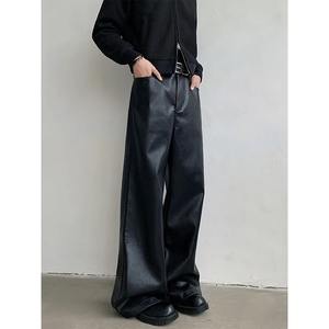 Autumn Winter Punk Men's PU Leather Pants Fashion Black Hipcool Men Zipper Wide-leg <b>Mopping</b> Trousers All-match Windproof - Product Image 4