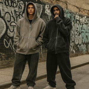 OEM Heavyweight Oversized Comfortable Cotton <b>Hoodie</b> Custom 450Gsm <b>Vintage</b> Washed Faded Full <b>Zip</b> <b>Up</b> Distressed <b>Hoodie</b> for Men - Product Image 2