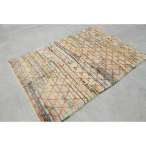 พรมตุรกีวินเทจขนาด 4.8x6.7 ฟุต พรมปูพื้น ลายต้นไม้และพืชสีน้ำเงินส้ม ทำจากขนสัตว์ - Product Image 3