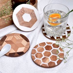 Ensemble de 4 sous-verres de luxe ronds en bois brun et résine, accessoires de cuisine à utiliser pour la maison, les hôtels et les stations thermiennes, MCR-002 - Product Image 3