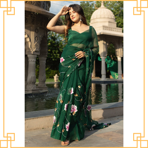 Saree imprimé fleuri en Georgette douce de style Bollywood indien et pakistanais de qualité supérieure pour les vêtements de fête pour femmes à vendre - Product Image 2