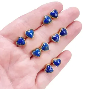 Lapis Lazuli Gemstone 9Mm Jantung 925 Perak Murni Emas Vermeil Bezel Stud Wanita Anting Mode Anting Grosir Stud