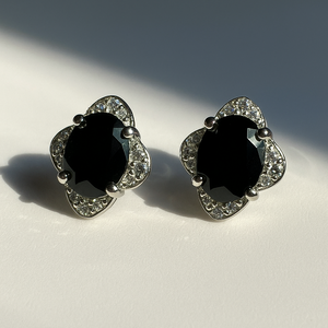 Black Onyx Floral <b>Silver</b> <b>Stud</b> <b>Earrings</b> CZ Halo Rhodium Plated Oval Prong Set Romantic Style Engagement Wedding Anniversary Party - Product Image 3