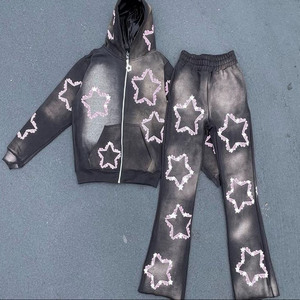 Streetwear personnalisé délavé à l'acide ensemble de sweat à capuche fermeture éclair survêtements Écusson de détresse Pantalon de survêtement évasé Décontracté Hiver Logo Caractéristiques Tissu - Product Image 2