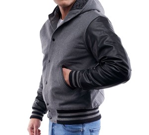 Varsity เสื้อแจ็คเก็ตผ้าออกซ์ฟอร์ดสำหรับผู้ชาย,แจ็คเก็ตมีฮู้ดแขนสีดำพิมพ์ลายแบบกำหนดเอง - Product Image 1