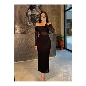 Trisha Black Evening Dress Waist Transparent with Madona Collar Long Sleeve Midi Length Lace <b>Fabric</b> - Product Image 2