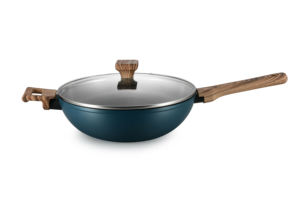 Bộ nồi chảo chống dính nhôm màu xanh dương hiện đại, có thể tùy chỉnh, kiểu dáng mới với tay cầm bằng silicon vân gỗ, vật dụng cần thiết cho nhà bếp - Product Image 4