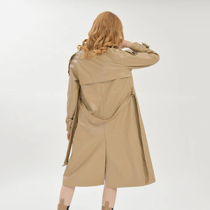 Abrigo de Cuero Tipo Gabardina para Mujer, Piel de Oveja Genuina, Color Marrón, Abrigo Largo de Invierno - Product Image 3