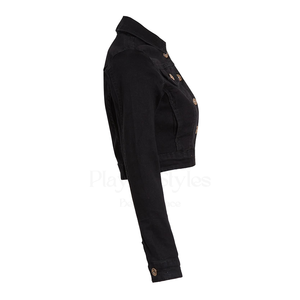 Chaqueta vaquera negra lavada con ácido para mujer, ajustada, recortada, estilo motorista, piel de oveja, edredón de piel, botón, transpirable, relleno de algodón, Invierno - Product Image 5