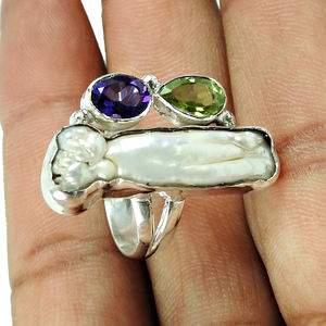 Perla Natural peridoto amatista piedra preciosa diseño creativo sólido 925 plata esterlina anillo hecho a mano joyería mayorista fabricante - Product Image 4